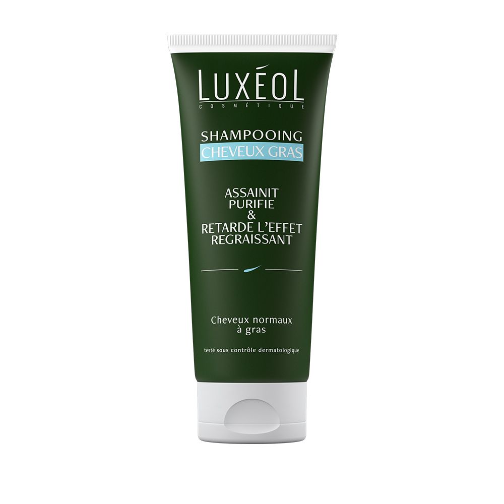 Groene tube LUXÉOL shampoo voor vet haar. Tekst: Shampooing Cheveux Gras. Reinigt, zuivert en vertraagt het vet worden. Voor normaal tot vet haar.