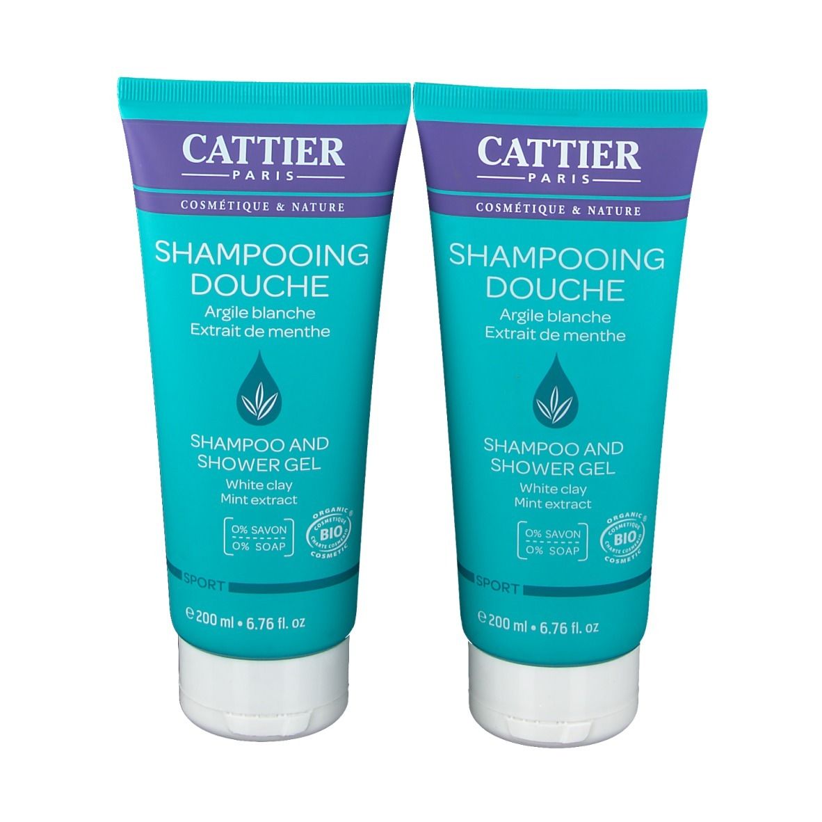 Twee tubes douchegel. Turquoise, wit en paars. Opschrift: CATTIER, SHAMPOOING DOUCHE, Argile blanche, Extrait de menthe. Bio-label.