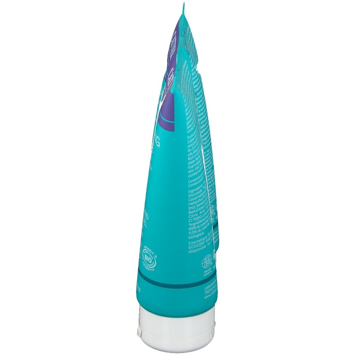 Zijaanzicht van een tube douchegel. Turquoise, wit en paars. Bio-label. Tekst onleesbaar.