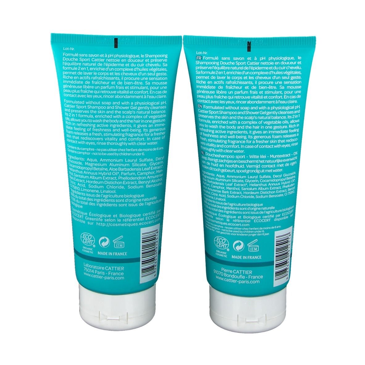 Achterkant van twee tubes douchegel. Turquoise, wit en paars. Tekst in het Frans. Bio-label. Gemaakt in Frankrijk.