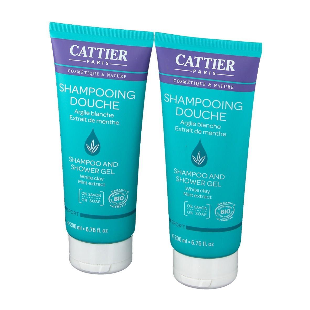 Twee tubes douchegel. Turquoise, wit en paars. Opschrift: CATTIER, SHAMPOOING DOUCHE, Argile blanche, Extrait de menthe. Bio-label.