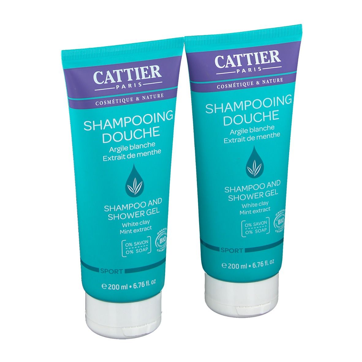 Twee tubes douchegel. Turquoise, wit en paars. Opschrift: CATTIER, SHAMPOOING DOUCHE, Argile blanche, Extrait de menthe. Bio-label.