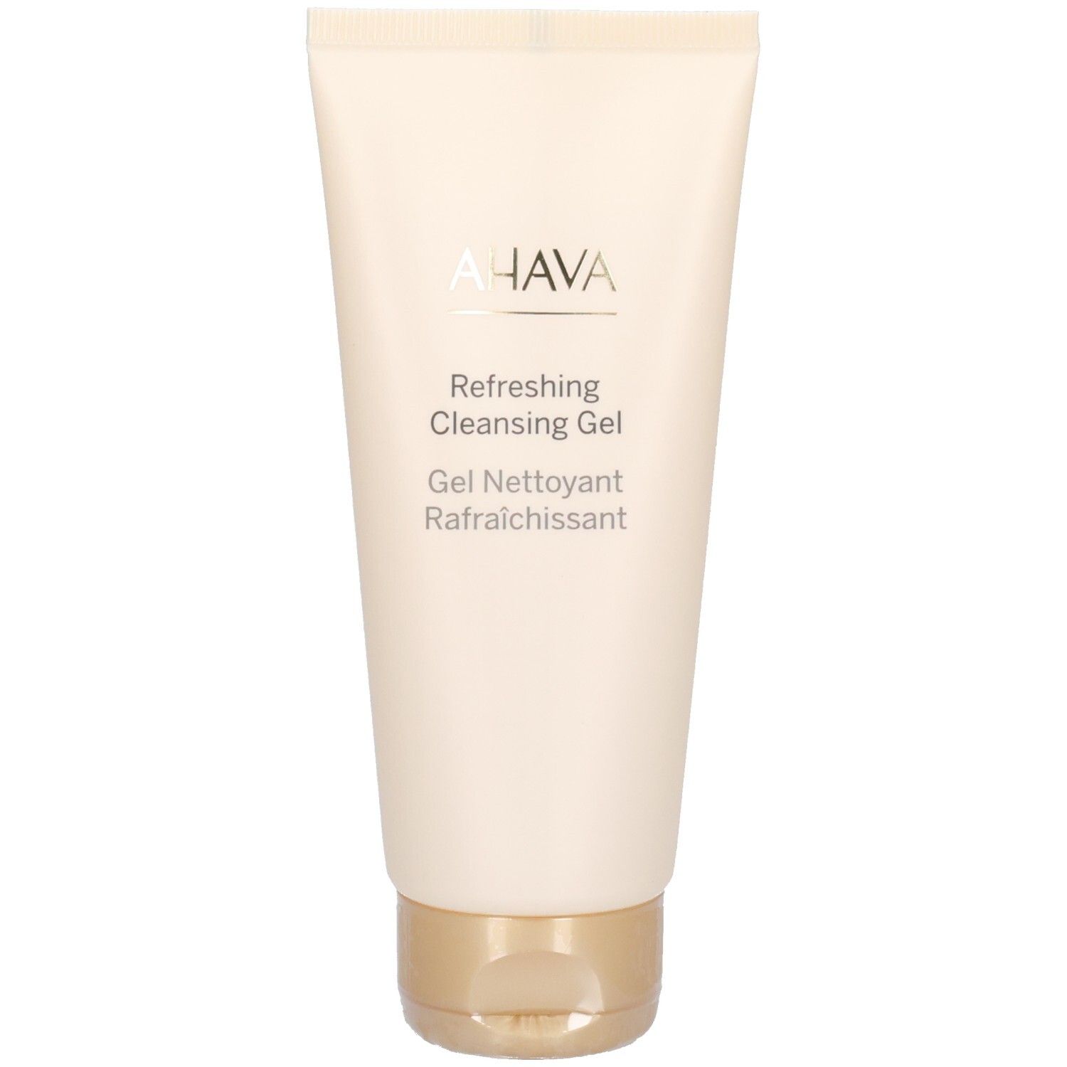 Beige tube met gouden dop. AHAVA-logo en productnaam: Refreshing Cleansing Gel.