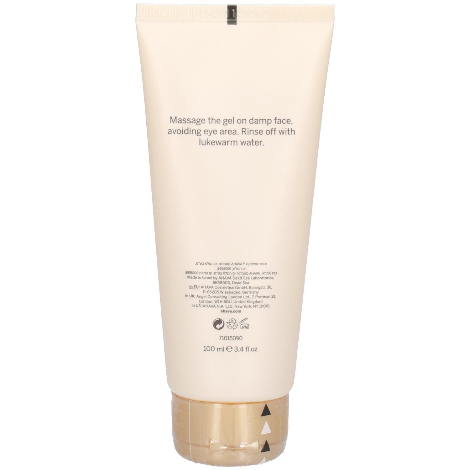 Achterkant van de tube. Tekst: Massage the gel on damp face... Rinse off with lukewarm water.