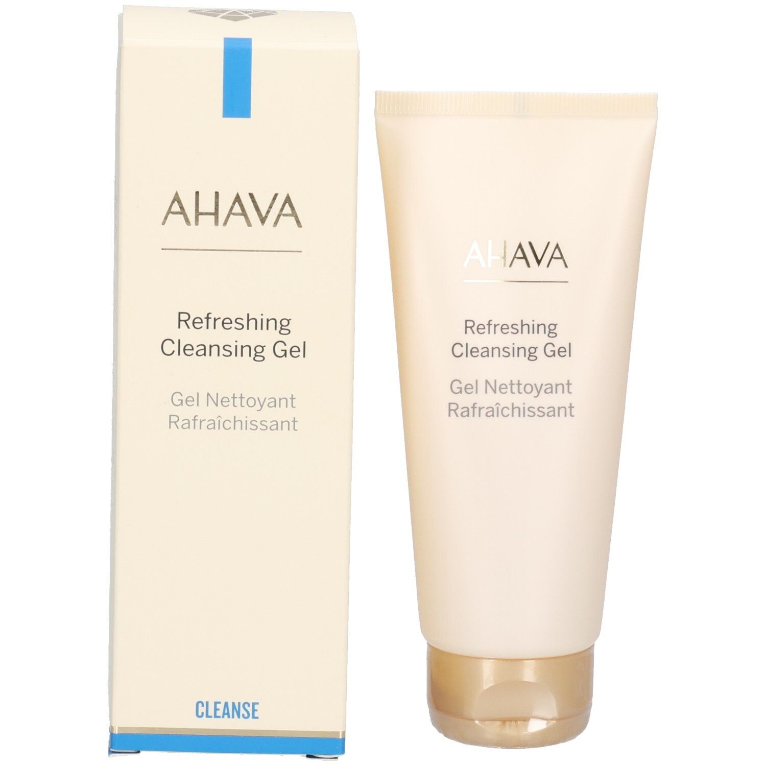Product en verpakking. Beige tube en doos. AHAVA-logo en productnaam: Refreshing Cleansing Gel.