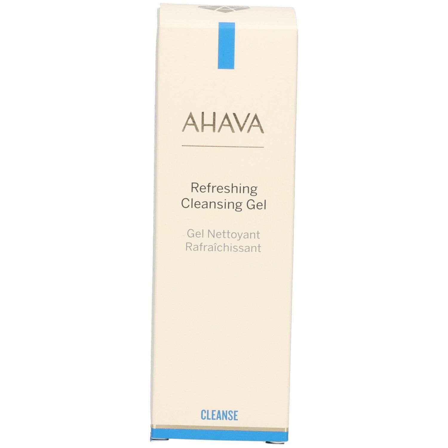 Kartonnen verpakking. AHAVA-logo en productnaam: Refreshing Cleansing Gel. Blauwe lijn bovenaan.