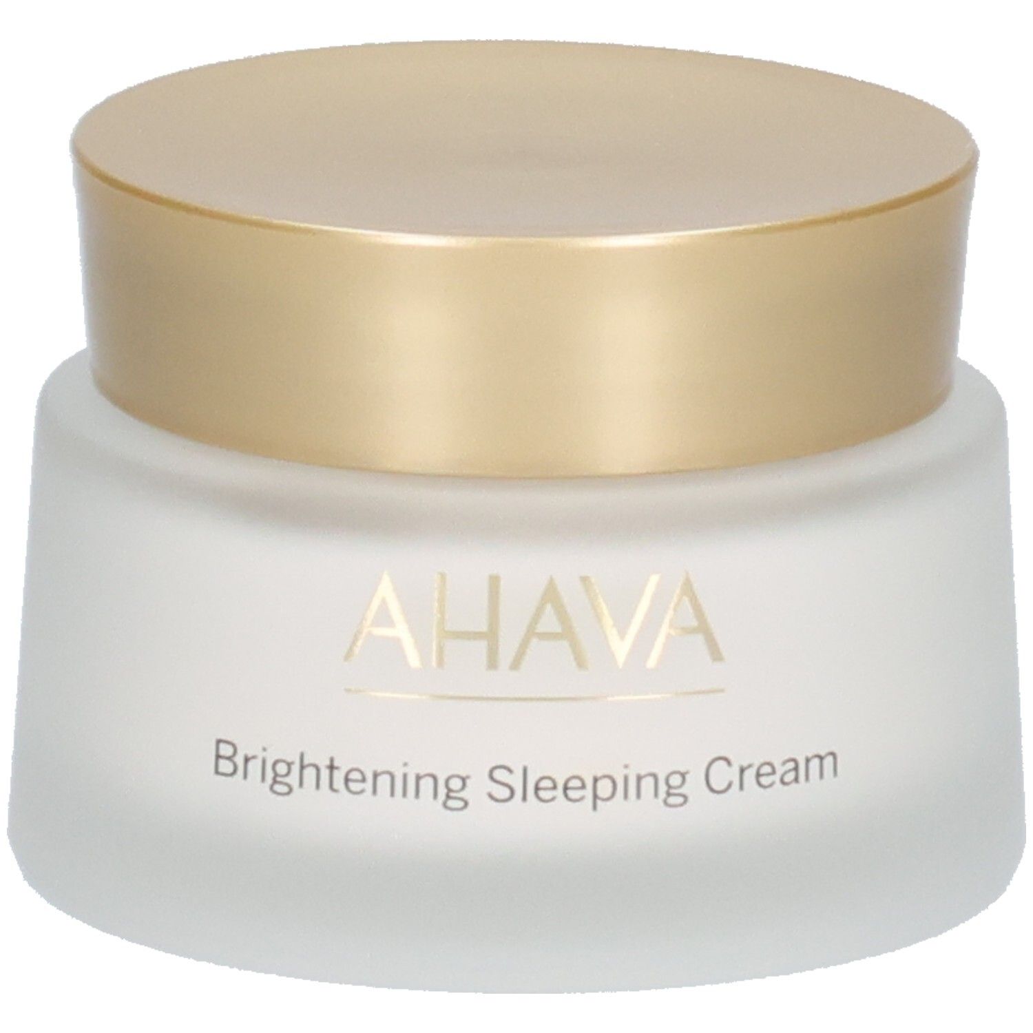 Crèmepot met gouden deksel. Opschrift AHAVA en Brightening Sleeping Cream. Wit, mat glas.