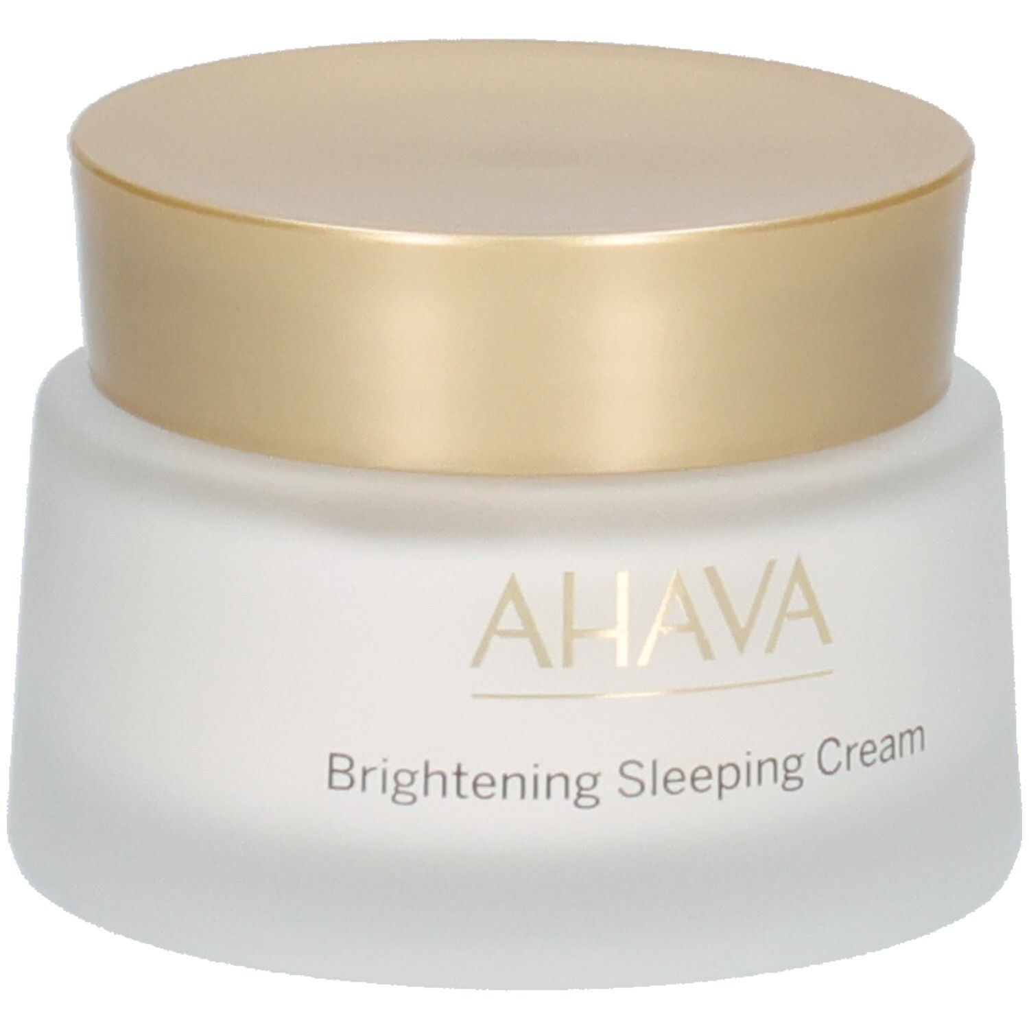 Crèmepot met gouden deksel. Opschrift AHAVA en Brightening Sleeping Cream. Wit, mat glas.