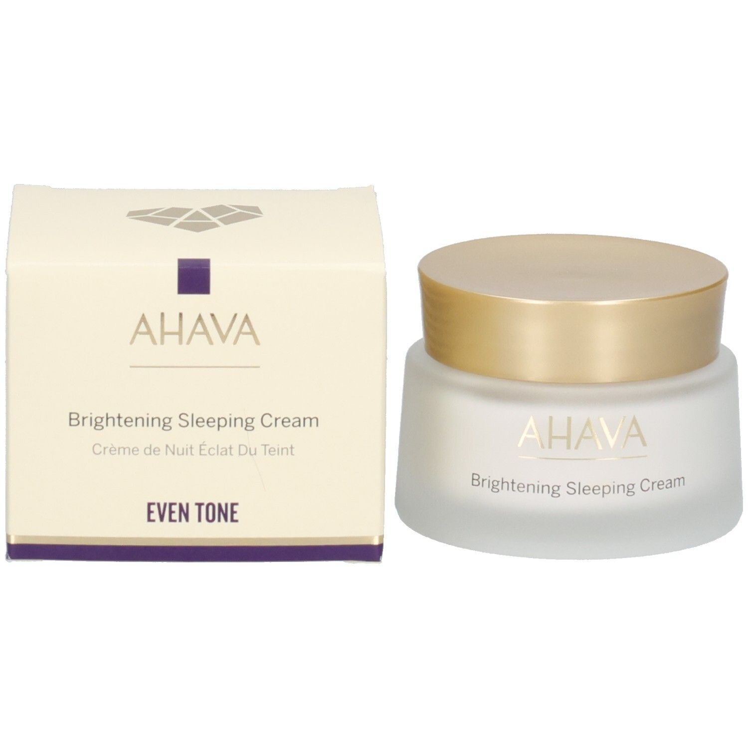 Crèmepot en doos. Opschrift AHAVA, Brightening Sleeping Cream. Wit, mat glas.