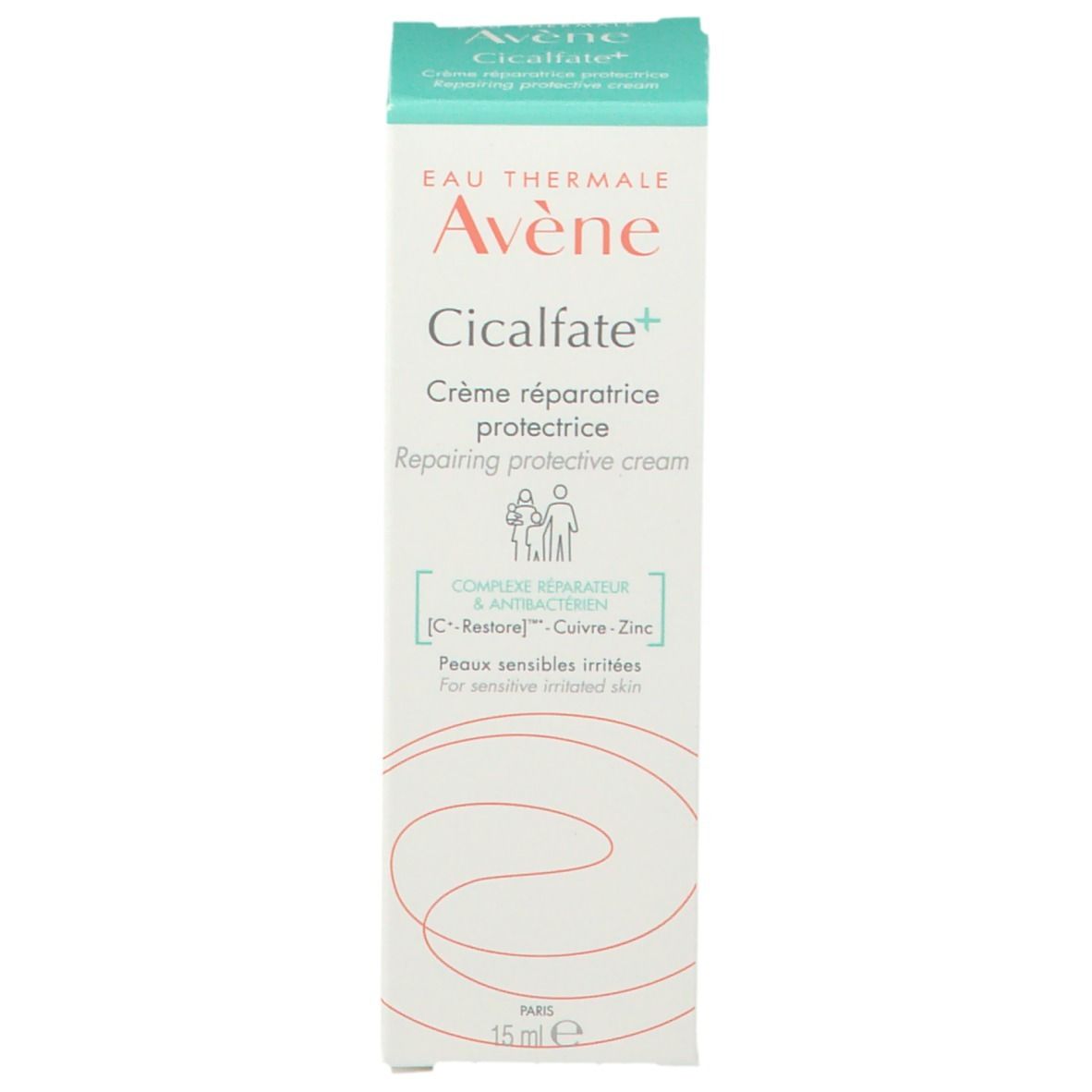 Doos "Avène Cicalfate+". Crème voor gevoelige huid. Groene accenten. 15 ml.