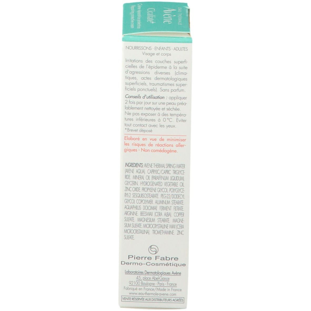 Achterkant doos "Avène Cicalfate+". Ingrediënten, instructies, fabrikant.