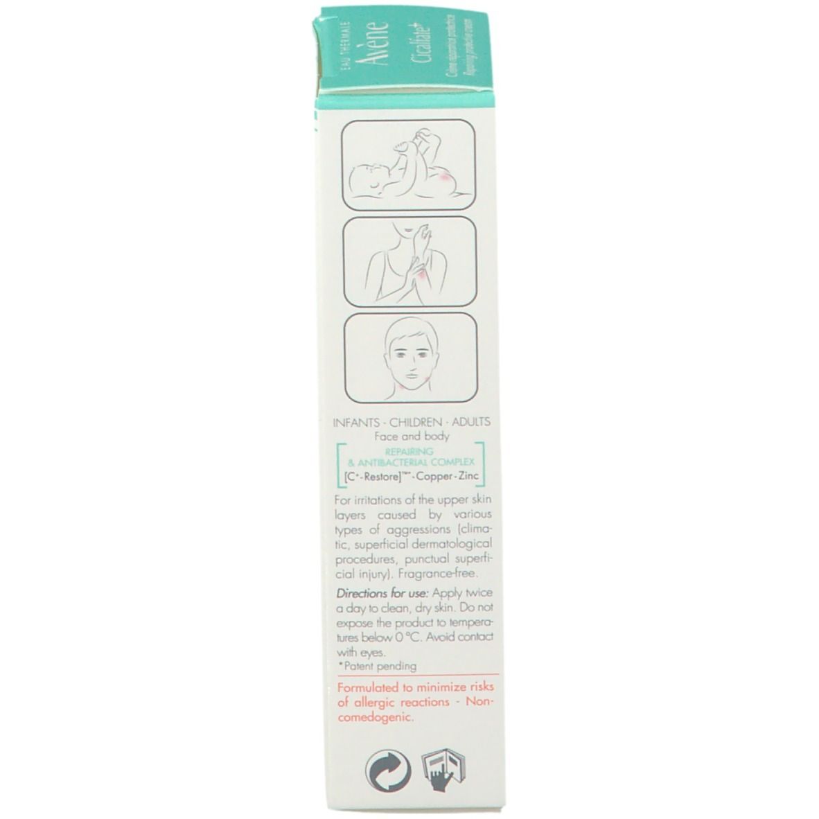 Achterkant doos "Avène Cicalfate+". Instructies, illustraties, fabrikant.