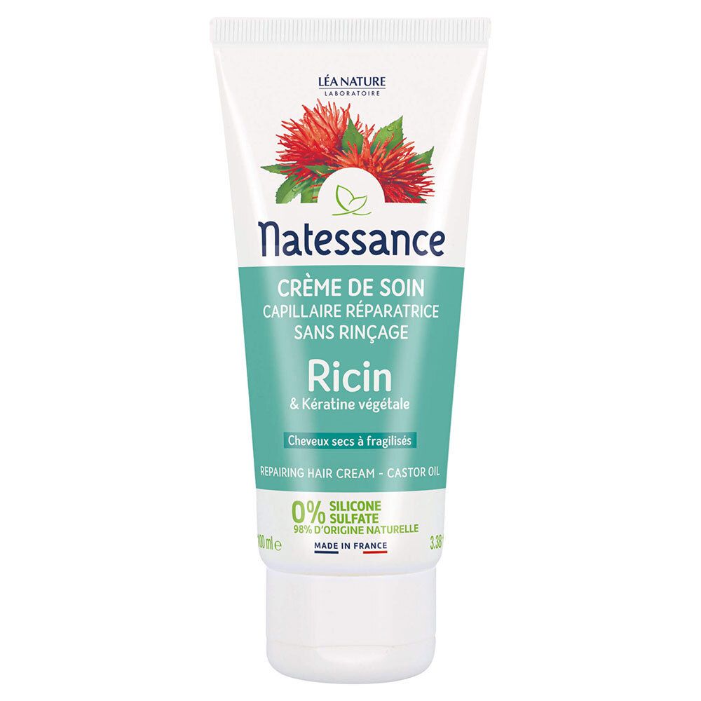 Crèmetube met bloemenontwerp. Tekst: Natessance, Crème de soin, Ricin & plantaardige keratine. 0% siliconen, sulfaat.
