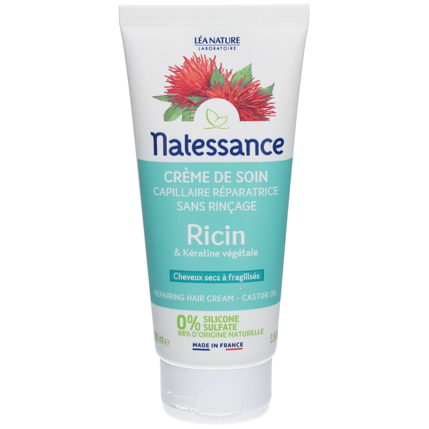 Crèmetube met bloemenontwerp. Tekst: Natessance, Crème de soin, Ricin & plantaardige keratine. 0% siliconen, sulfaat.