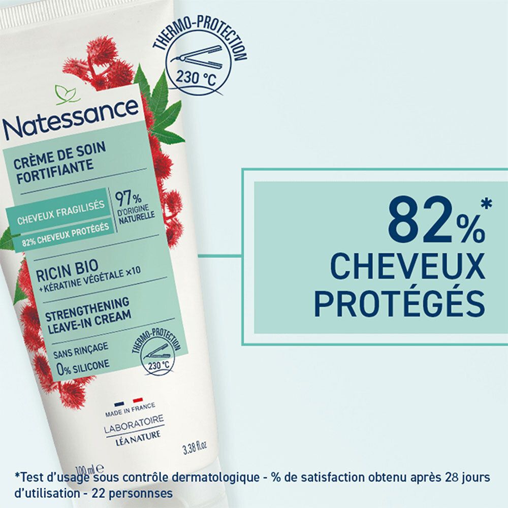 Tube de crème avec texte et graphiques. Texte: Crème de soin fortifiante, Ricin Bio, 82% cheveux protégés, Thermo-Protection, 230°C.