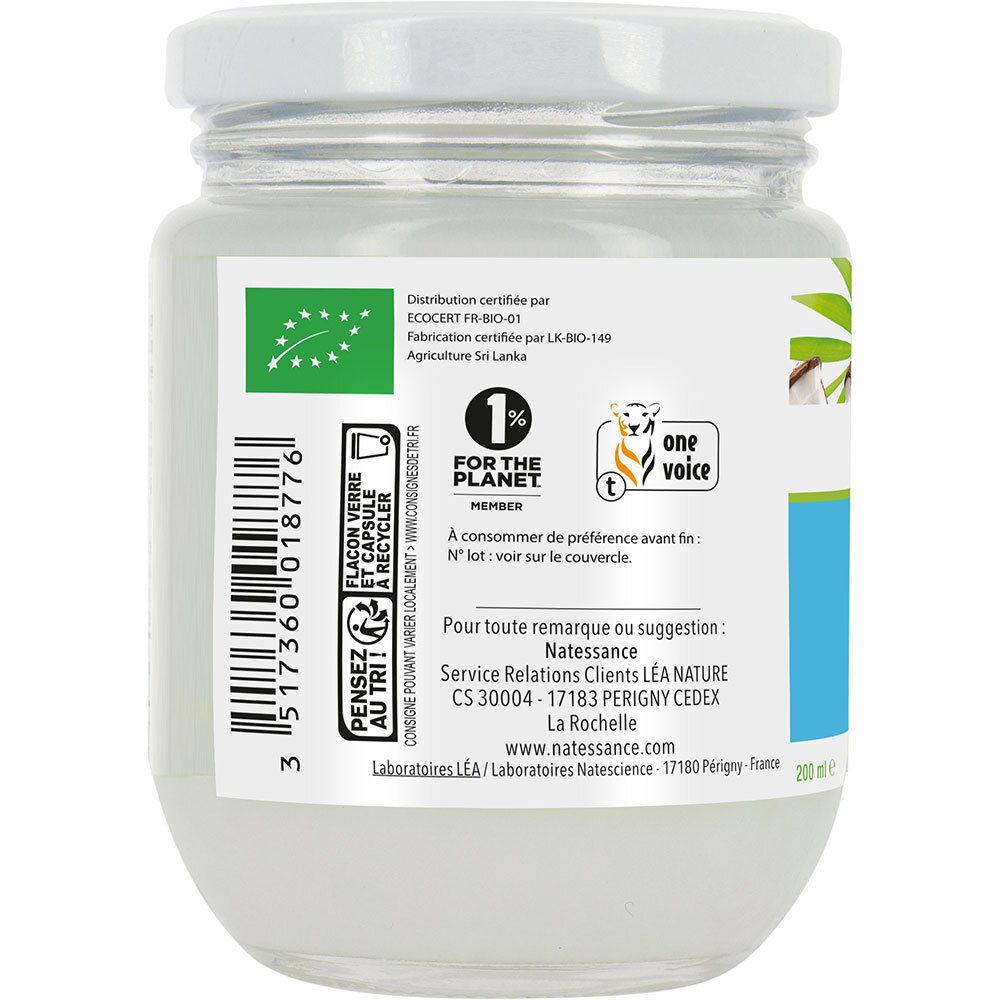 Achterkant van de kokosoliepot. Etiket met informatie, ECOCERT-certificering, One Voice-logo en recyclagesymbool.