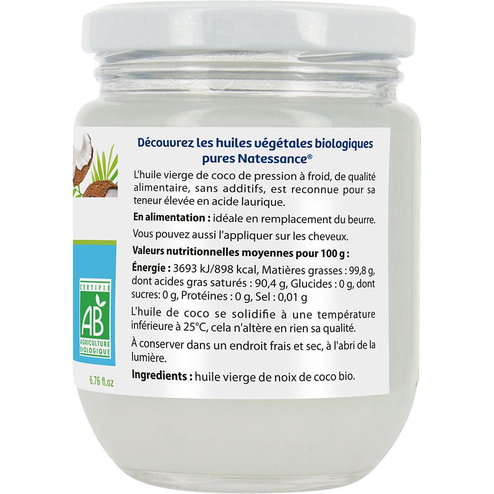Achterkant van de kokosoliepot. Etiket met voedingsinformatie, ingrediënten en AB-keurmerk. Franse tekst.