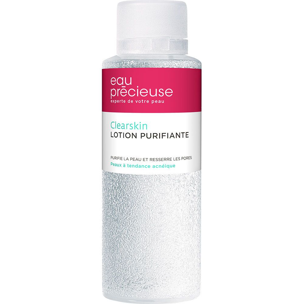 Transparante fles met witte dop. Etiket met rode streep en tekst: Clearskin Lotion Purifiante.