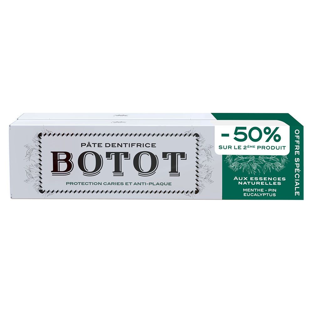 Boîte de dentifrice BOTOT. Inscription Pâte Dentifrice, Protection Caries et Anti-Plaque. -50% sur le 2ème produit.