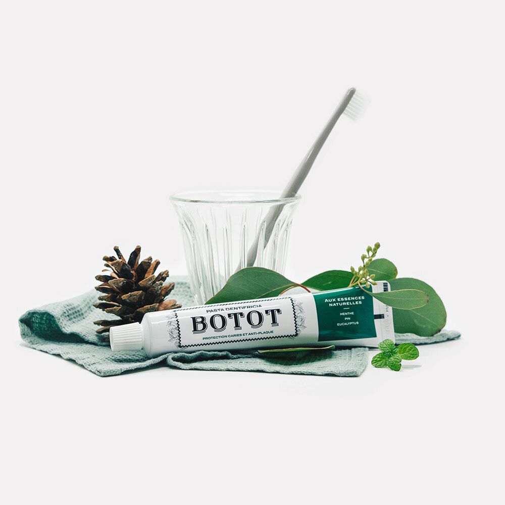 Tube de dentifrice, verre, brosse à dents, pomme de pin et feuilles. Inscription BOTOT, Pâte Dentifrice. Menthe, Pin, Eucalyptus.