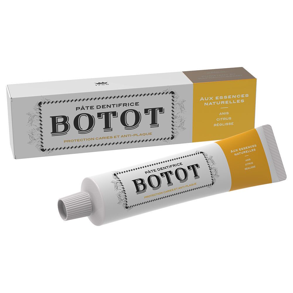 Tube et boîte de dentifrice BOTOT. Inscription "AUX ESSENCES NATURELLES". Protection caries et anti-plaque.