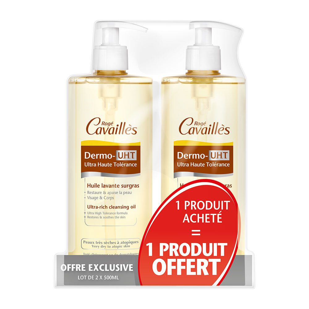 Twee flessen Rogé Cavaillès Dermo-UHT Huile Lavante Surgras in verpakking. Opschrift: 1 product gekocht = 1 product gratis.