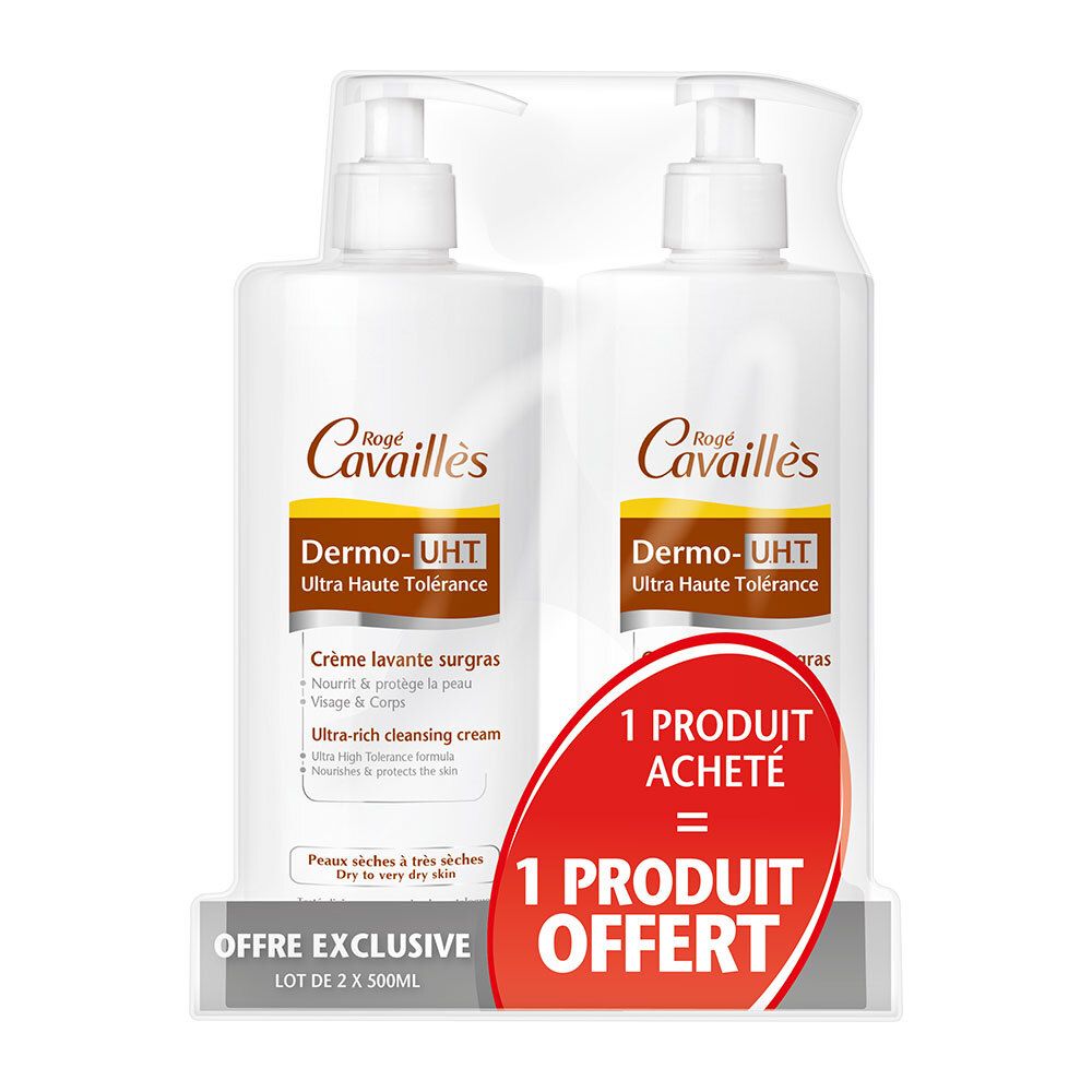 Deux flacons blancs Rogé Cavaillès Dermo-UHT Crème Lavante Surgras avec pompe, emballés. Autocollant : 1 produit acheté = 1 offert.