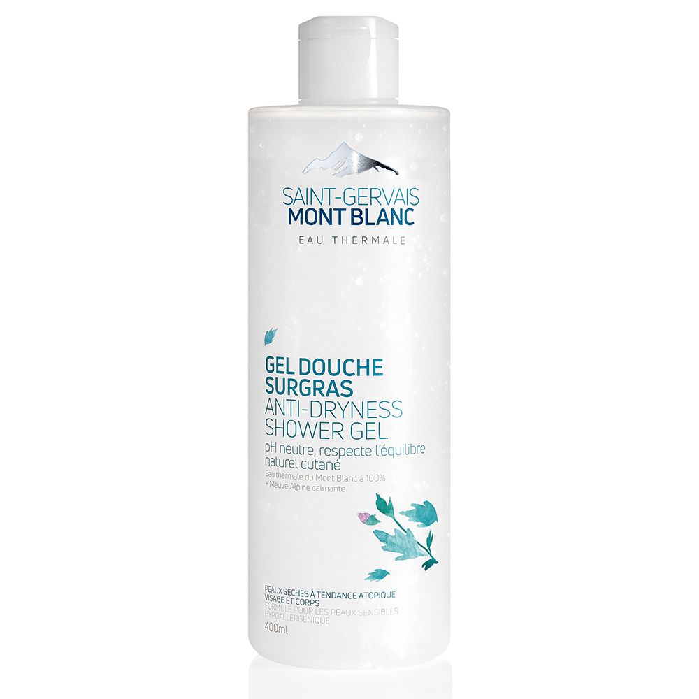 Flacon blanc avec bouchon blanc. Inscription: Saint-Gervais MONT BLANC, Gel Douche Surgras, Anti-Dryness Shower Gel. 400ml.