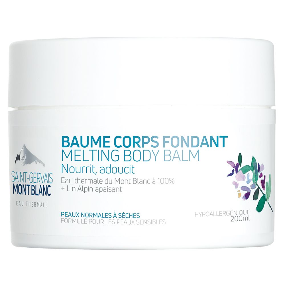 Witte pot met blauwgroene tekst. Tekst: Baume Corps Fondant, Melting Body Balm. Merk: Saint-Gervais Mont Blanc.