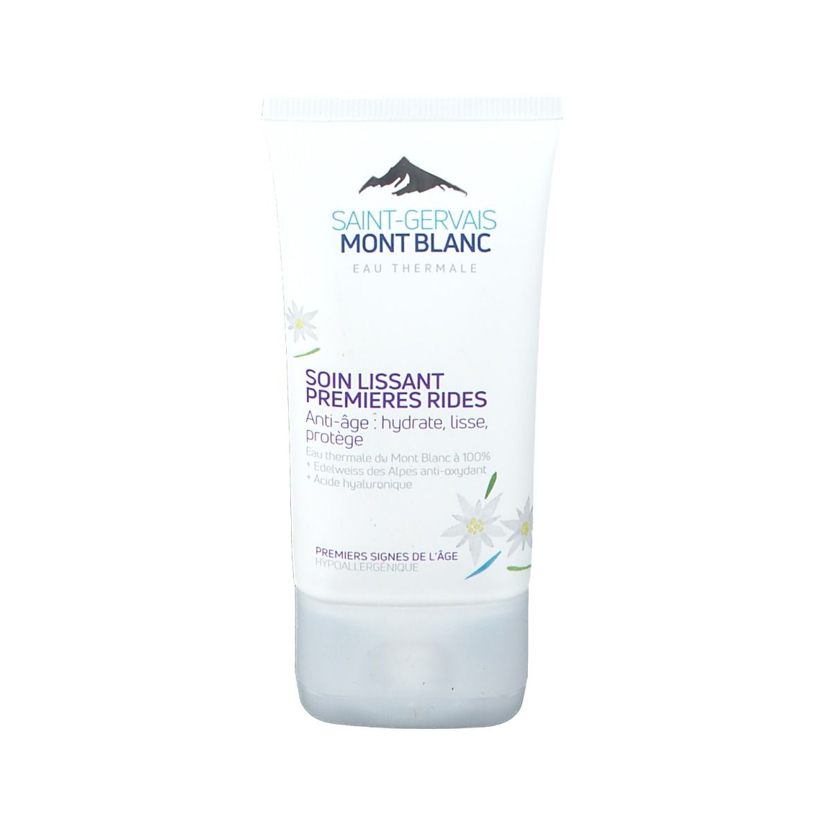 Tube de crème avec nom et logo du produit. Tube blanc avec texte bleu et éléments floraux. Nom du produit: Saint-Gervais Mont Blanc.