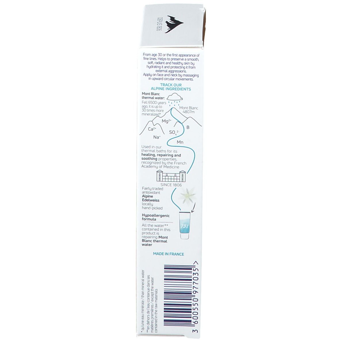 Vue latérale de l'emballage du produit. Texte et illustrations en bleu. Contient des informations sur les ingrédients et l'utilisation.