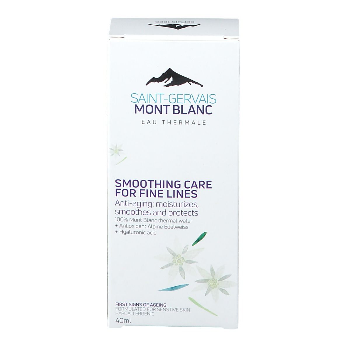 Emballage du produit. Emballage blanc avec nom et logo du produit. Contient des informations et des illustrations sur le produit.