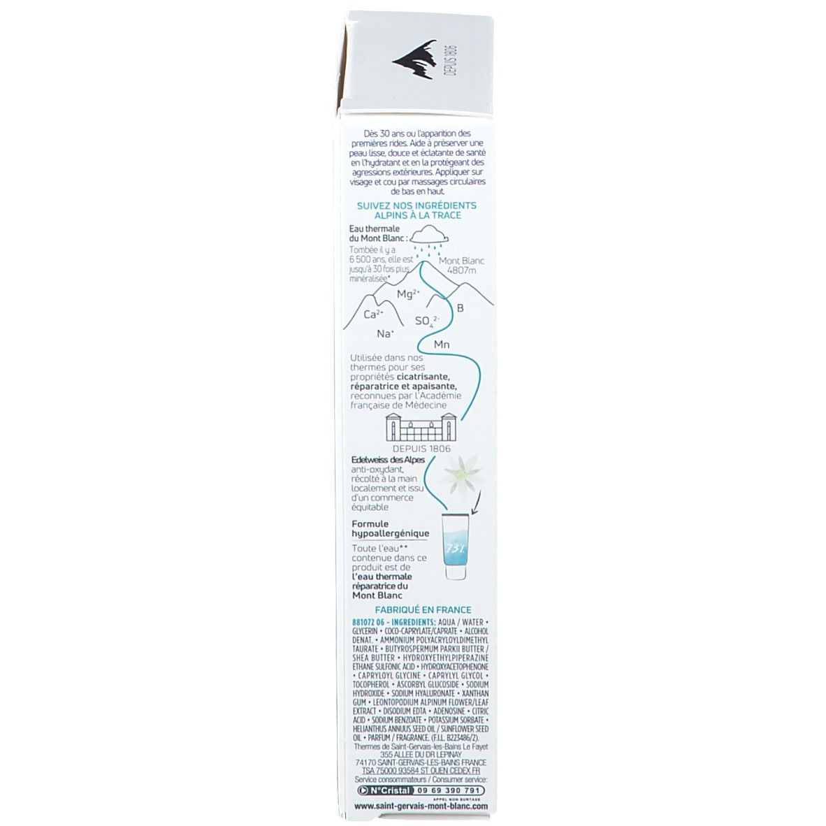 Vue latérale de l'emballage du produit. Texte et illustrations en bleu. Contient des informations sur les ingrédients et l'utilisation.