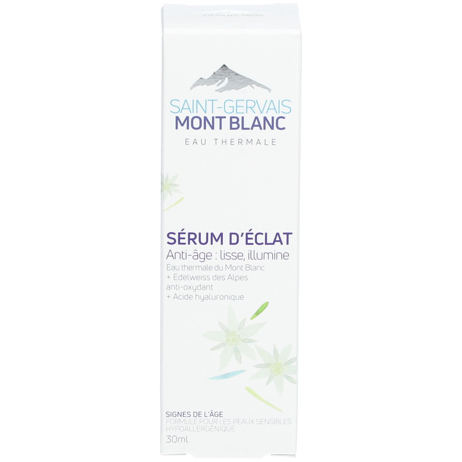 Doos Saint-Gervais Mont Blanc Sérum Éclat. Berg- en bloemmotief, 30ml.