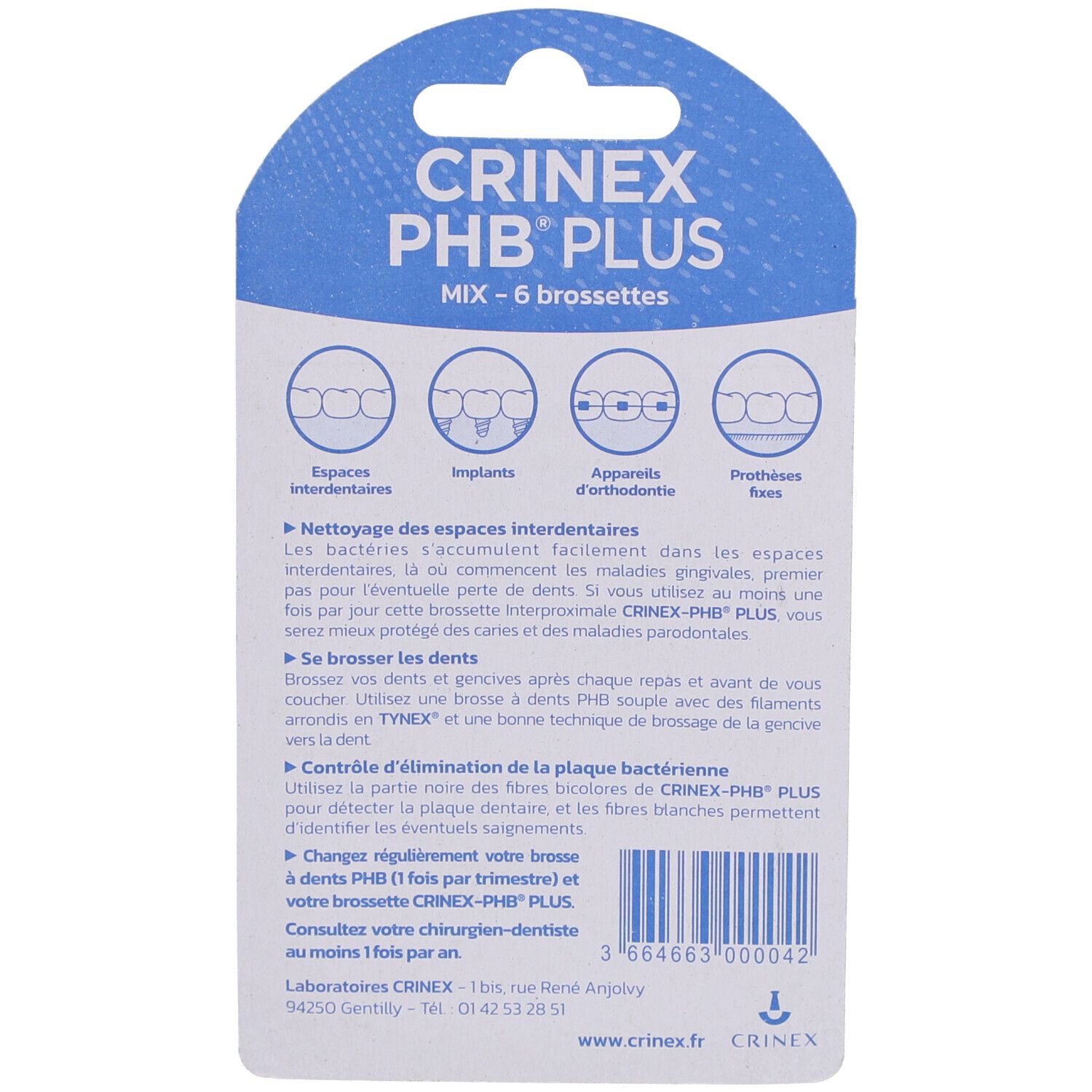 Dos de l'emballage CRINEX PHB PLUS MIX. Illustrations espaces interdentaires, implants, appareils orthodontiques et prothèses.