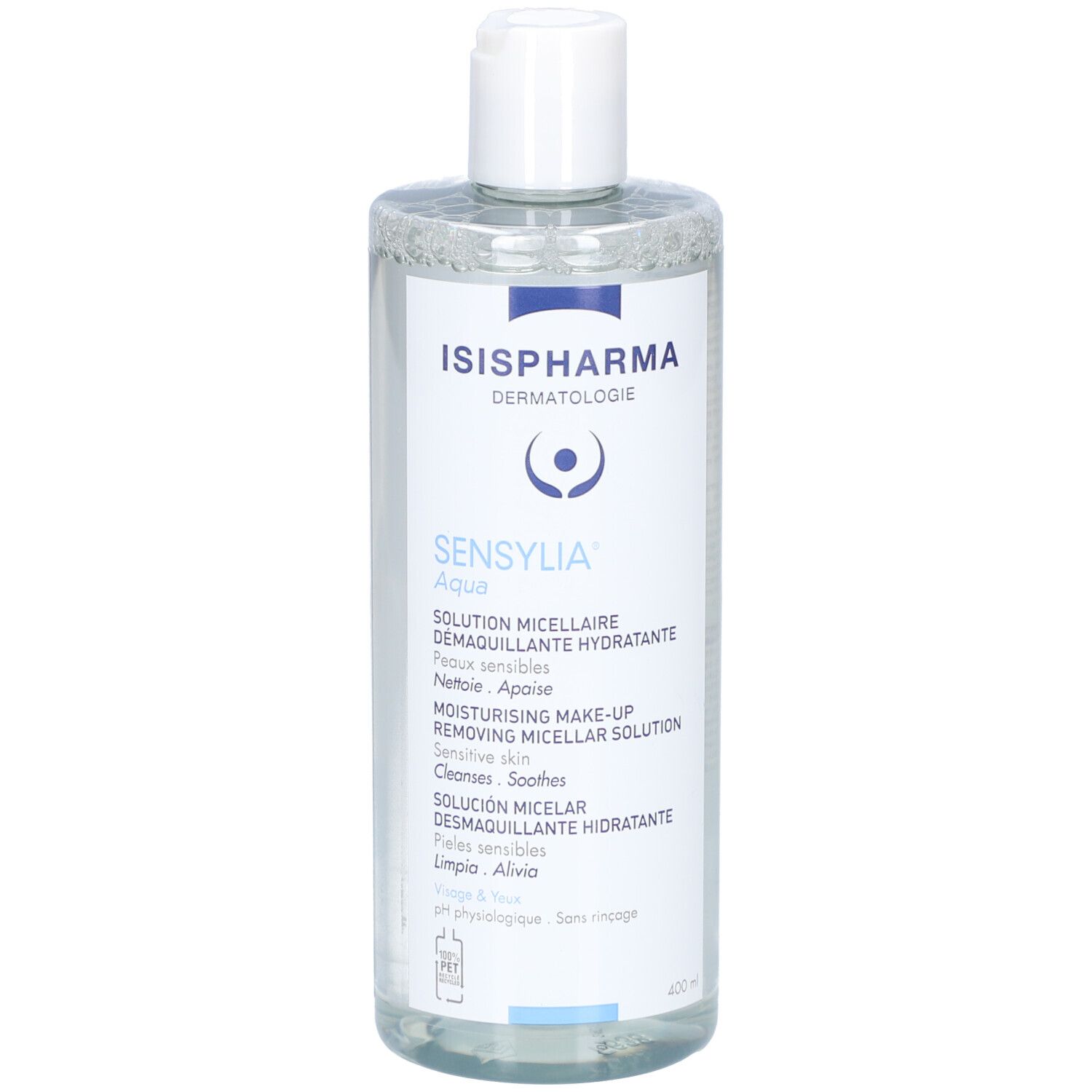 Transparante fles met witte dop. Opschrift: ISIPHARMA, Sensylia Aqua, micellaire reinigingsoplossing. 400 ml.