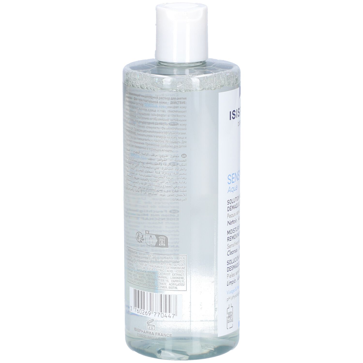 Achterkant van de fles. Meertalige tekst. QR-code en opschrift: Made in France.