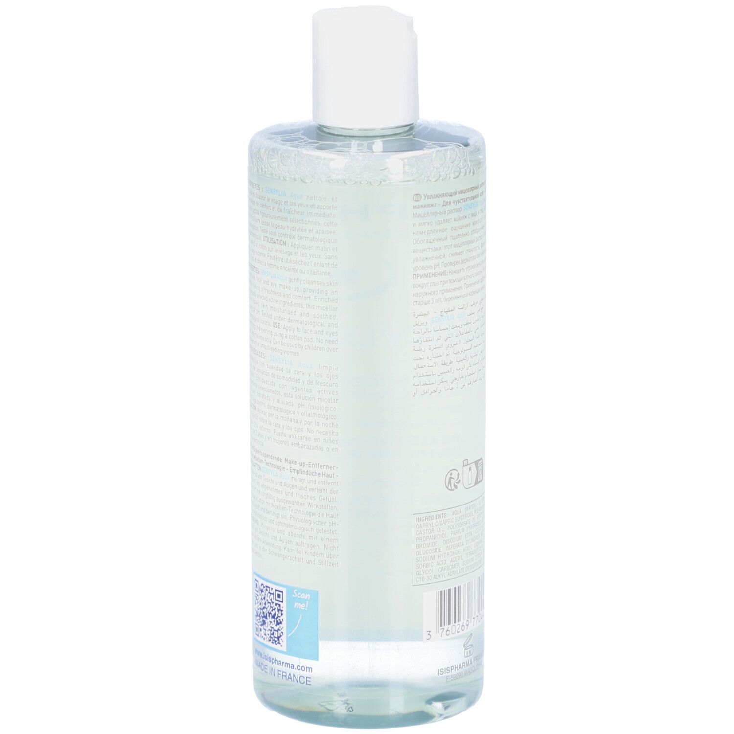 Transparante fles met witte dop. Opschrift: ISIPHARMA, Sensylia Aqua, micellaire reinigingsoplossing. 400 ml.