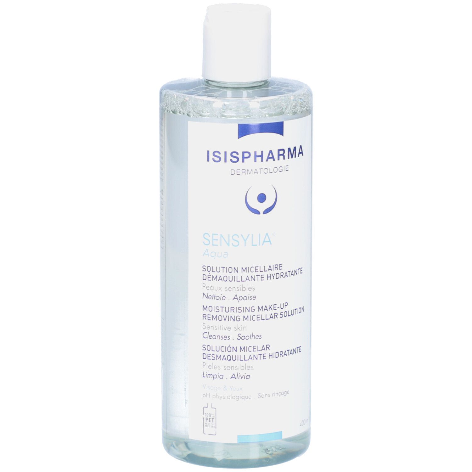 Achterkant van de fles. Meertalige tekst. QR-code en opschrift: Made in France.