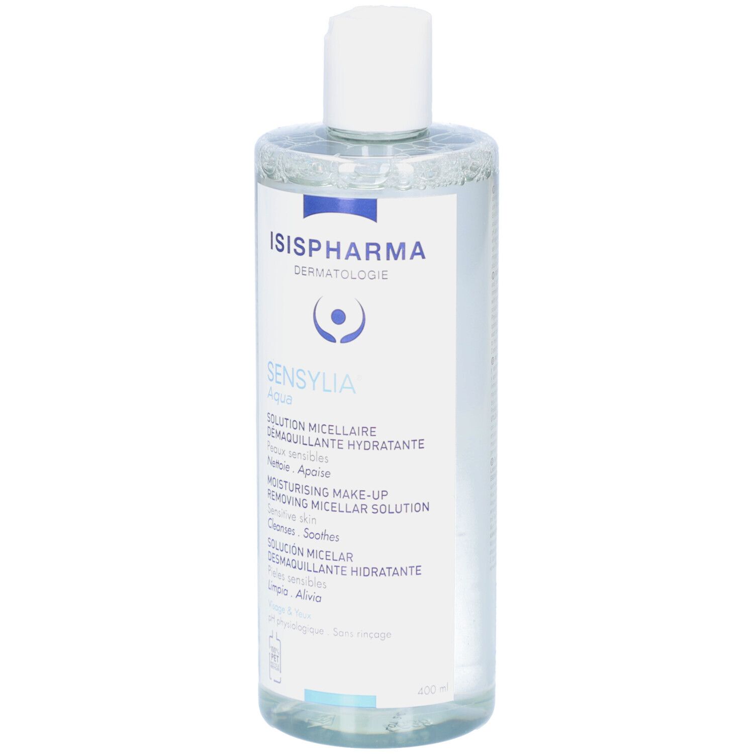 Transparante fles met witte dop. Opschrift: ISIPHARMA, Sensylia Aqua, micellaire reinigingsoplossing. 400 ml.