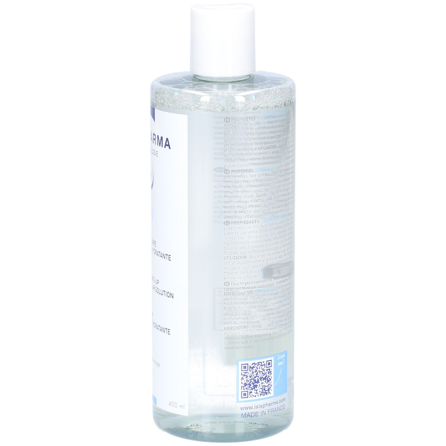 Achterkant van de fles. Meertalige tekst. QR-code en opschrift: Made in France.