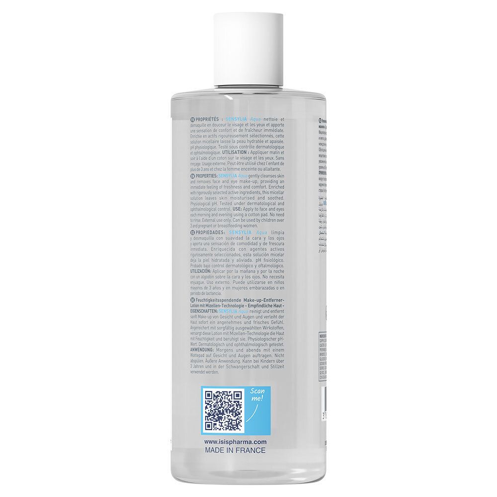 Achterkant van de fles. Meertalige tekst. QR-code en opschrift: Made in France.