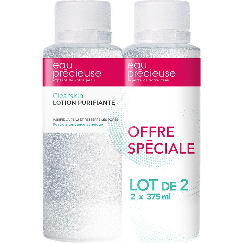 Twee flessen reinigingslotion. Opschrift: Eau précieuse, Clearskin, Lotion purifiante. Aanbieding: Lot de 2.