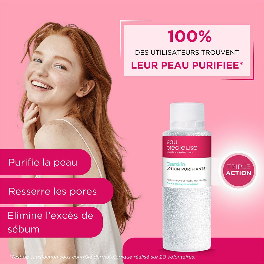 Een vrouw met rood haar en een fles reinigingslotion. Opschrift: Eau précieuse, Clearskin, Lotion purifiante.