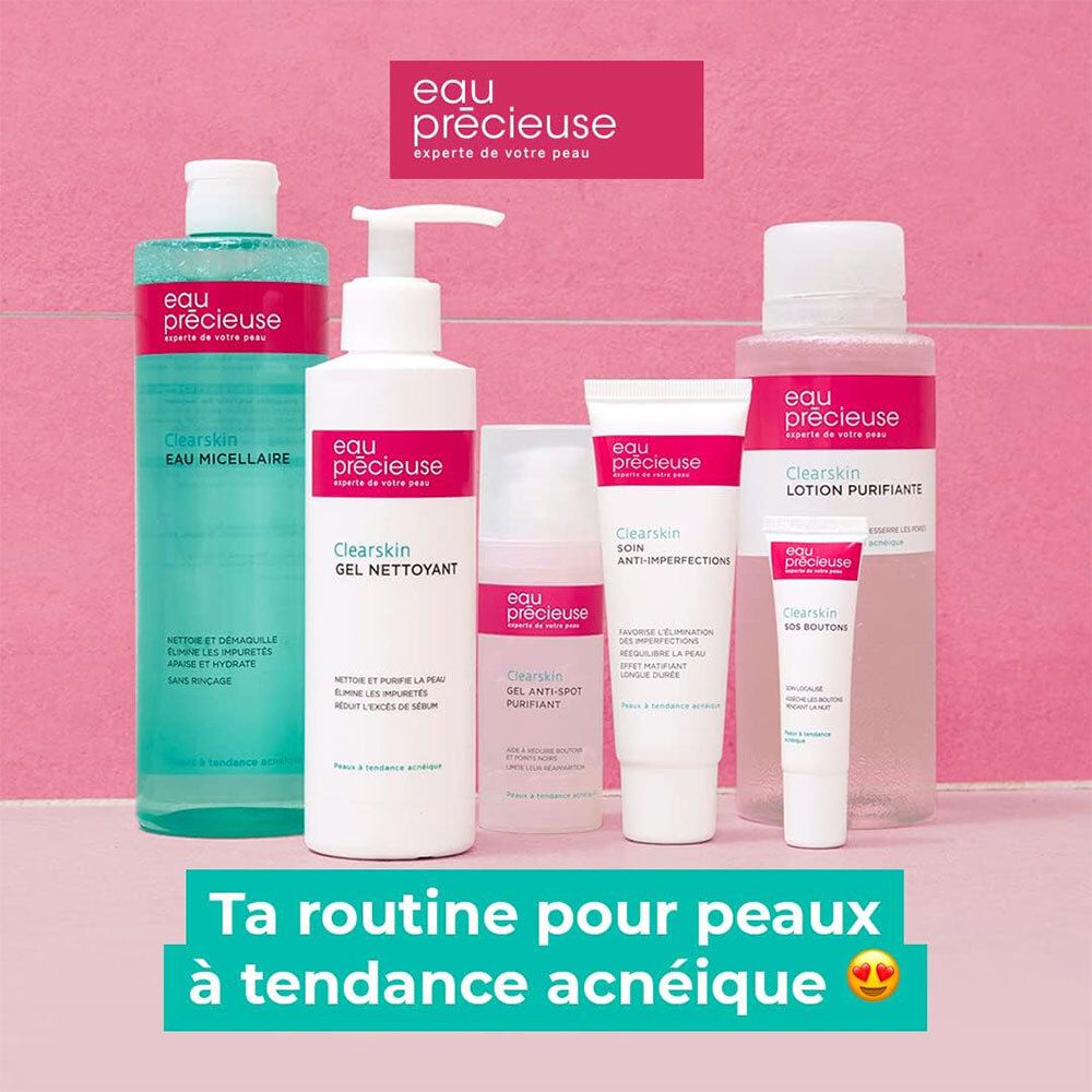 Verschillende producten van het merk Eau précieuse. Opschrift: Clearskin. Producten voor de acnegevoelige huid.