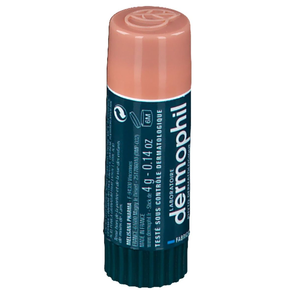 Stick lèvres teinté Beige Rosé. Bâton vert-beige avec capuchon rose. Texte: Dermophil, Soin Teinté Protection Lèvres.