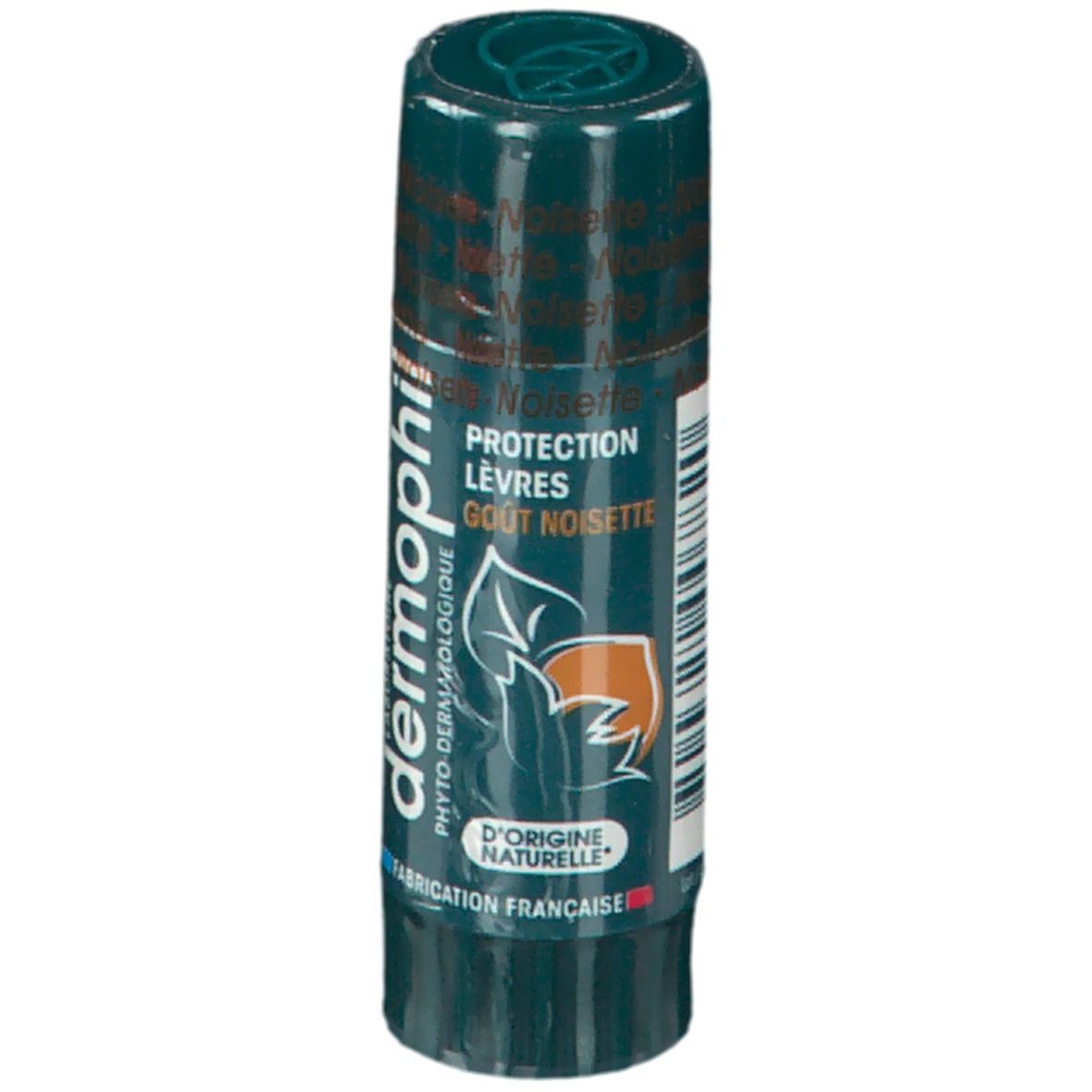 Stick protecteur pour les lèvres Dermophil. Inscription: Protection Lèvres, Gout Noisette. Logo: feuille et noix. Fabriqué en France.
