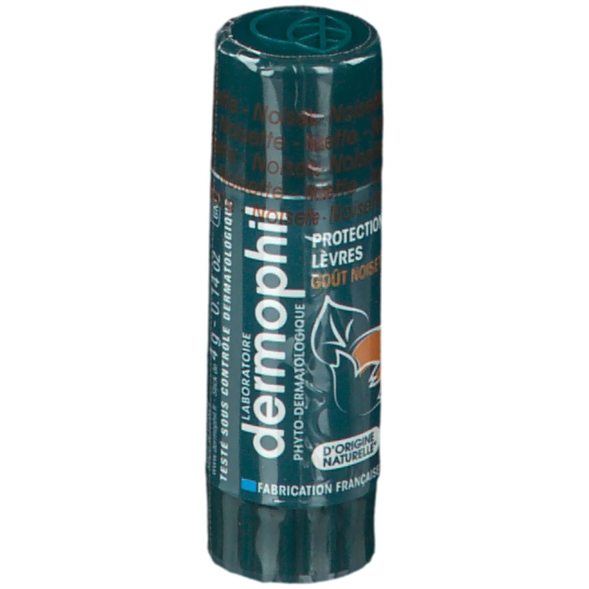 Stick protecteur pour les lèvres Dermophil. Inscription: Protection Lèvres, Gout Noisette. Logo: feuille et noix. 4g. Fabriqué en France.
