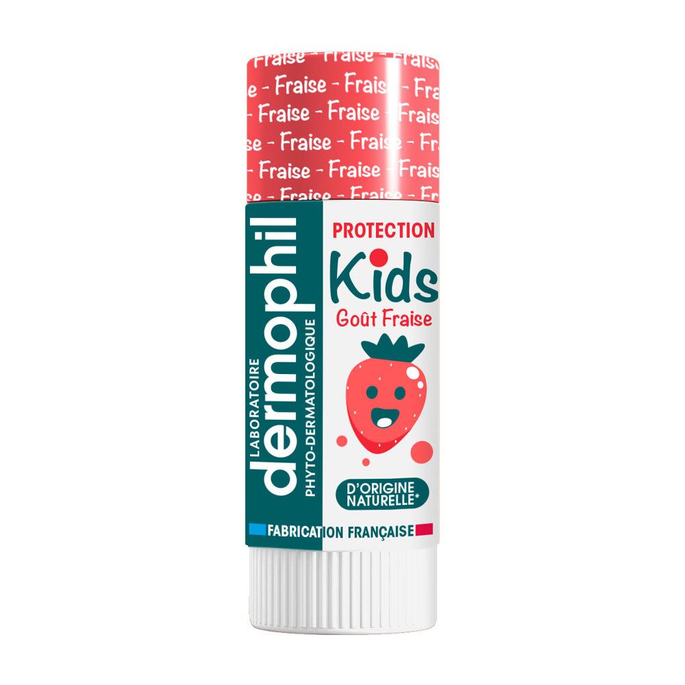 Lipverzorgingsstift dermophil® Kids Aardbei. Witte stift met rode dop. Opschrift: Fraise, Kids, Smaak Aardbei, d'origine naturelle.