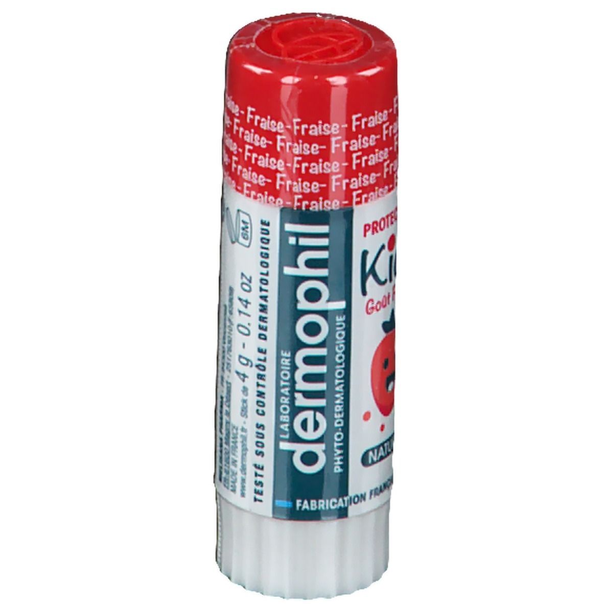 Lipverzorgingsstift dermophil® Kids Aardbei. Rode dop, witte stift. Opschrift: Fraise, Kids, 4g - 0.14 oz.